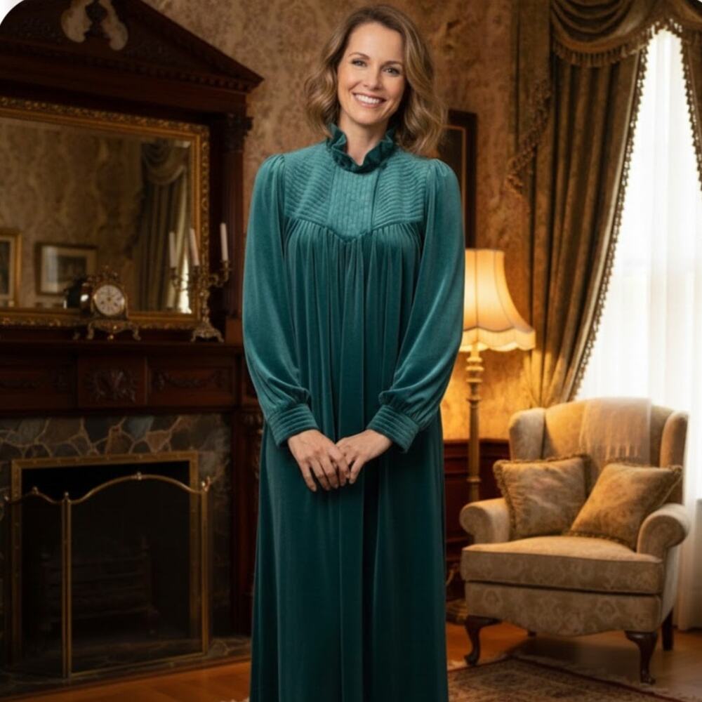 Vintage 1970s Velour House Coat Peacock Teal MuMu Dressing Robe Womens S Glam